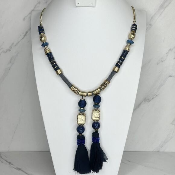 Chico's Chunky Blue Beaded Tassel Pendant Gold Tone Necklace ✨ - Picture 1 of 10